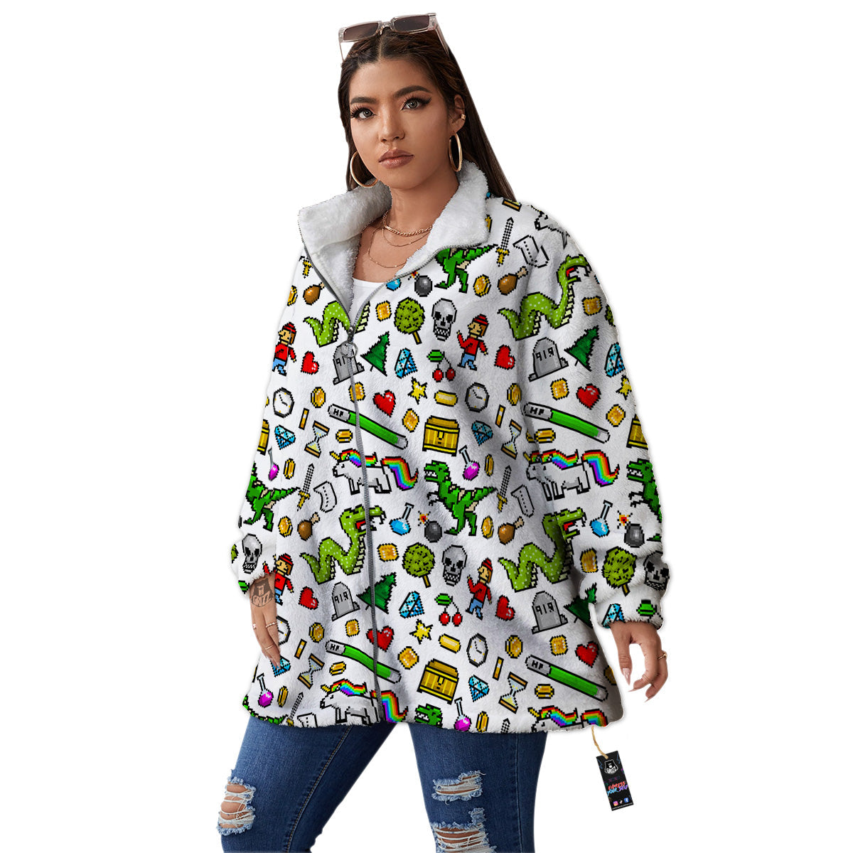 Pixel Art 8 Bit Retro Cartoon Print Pattern Women's Sherpa Jacket-grizzshop
