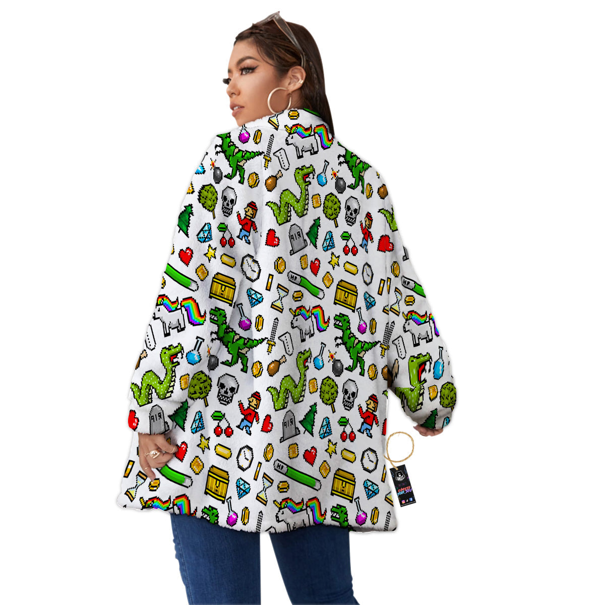 Pixel Art 8 Bit Retro Cartoon Print Pattern Women's Sherpa Jacket-grizzshop