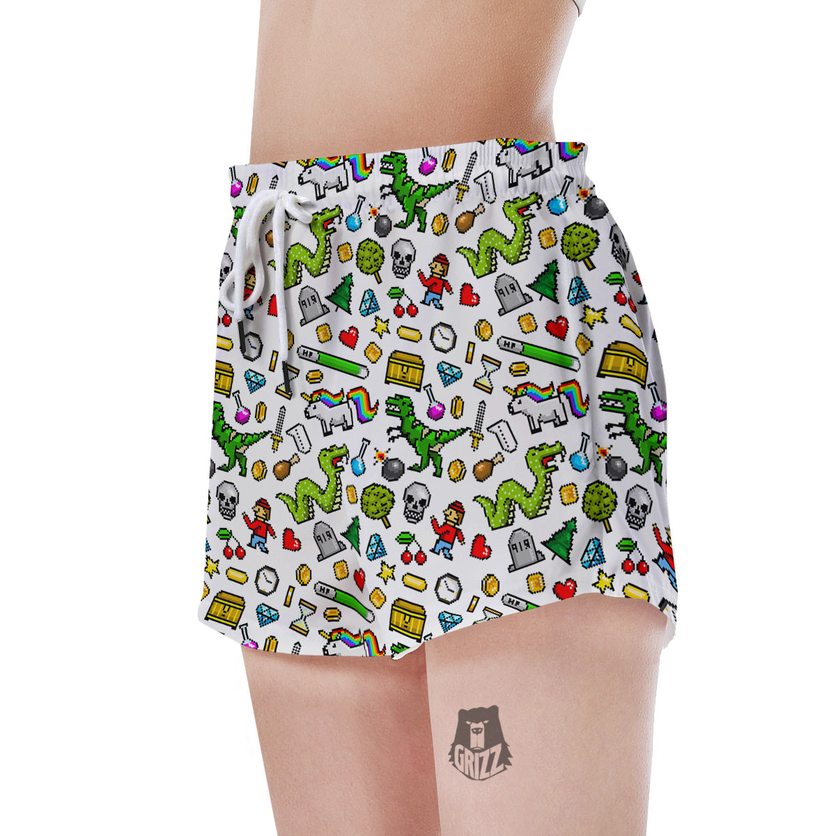 Pixel Art 8 Bit Retro Cartoon Print Pattern Women's Shorts-grizzshop
