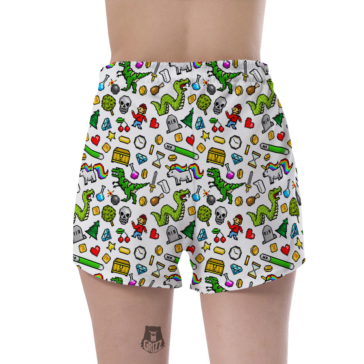 Pixel Art 8 Bit Retro Cartoon Print Pattern Women's Shorts-grizzshop