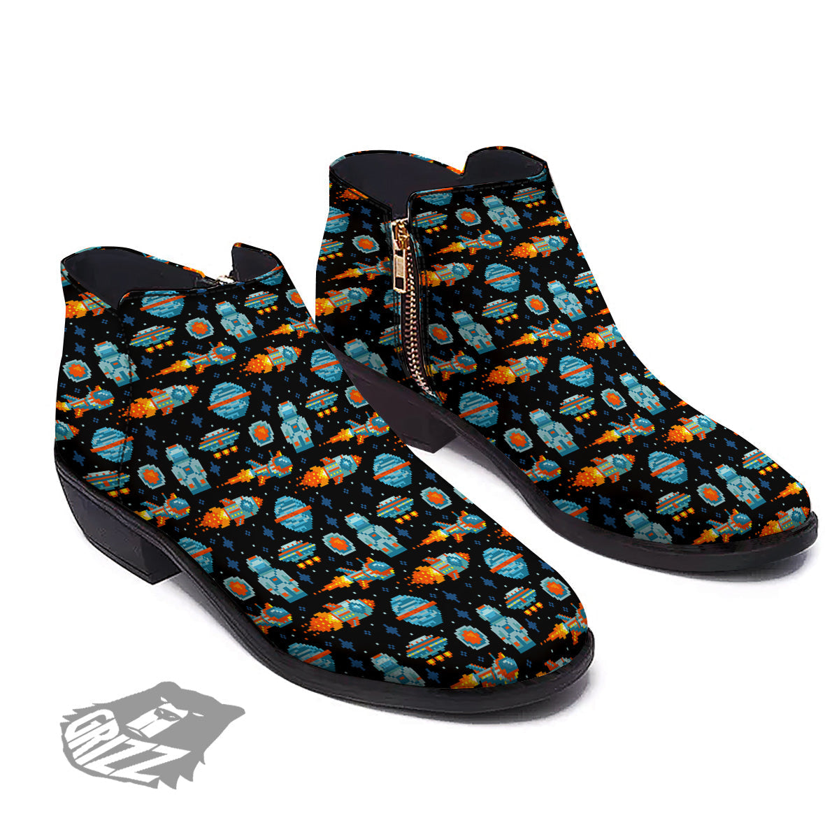 Pixel Art Space 8 Bit Print Pattern Ankle Boots-grizzshop