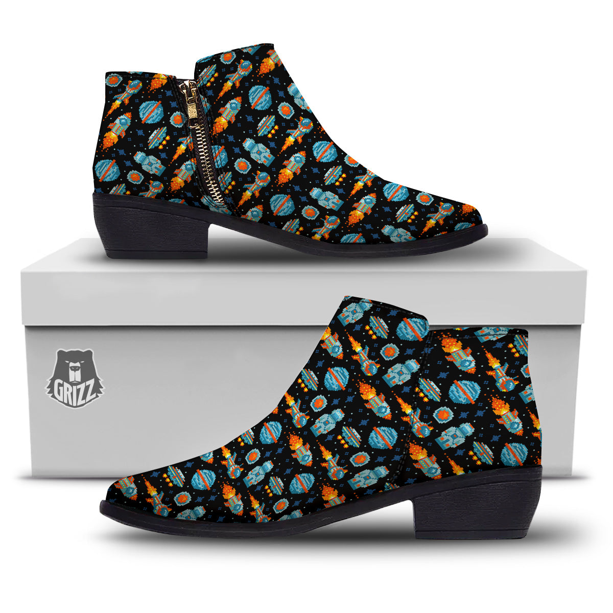 Pixel Art Space 8 Bit Print Pattern Ankle Boots-grizzshop