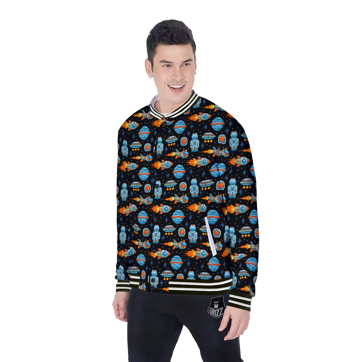 Pixel Art Space 8 Bit Print Pattern Baseball Jacket-grizzshop