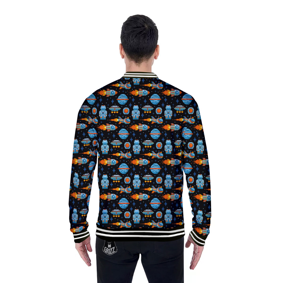 Pixel Art Space 8 Bit Print Pattern Baseball Jacket-grizzshop