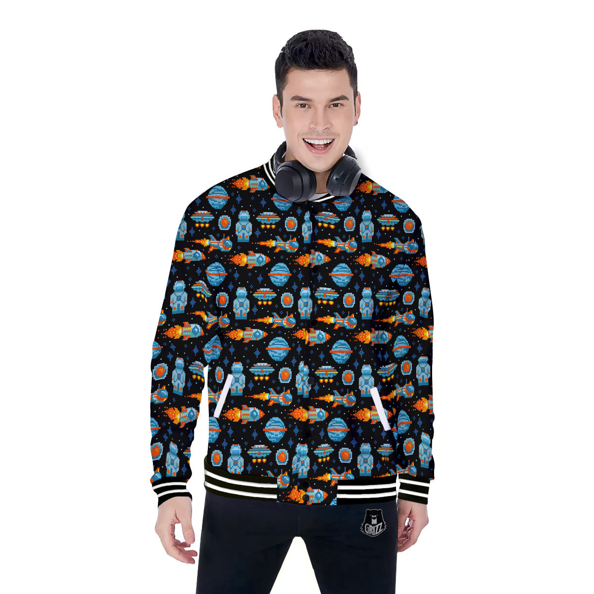Pixel Art Space 8 Bit Print Pattern Baseball Jacket-grizzshop