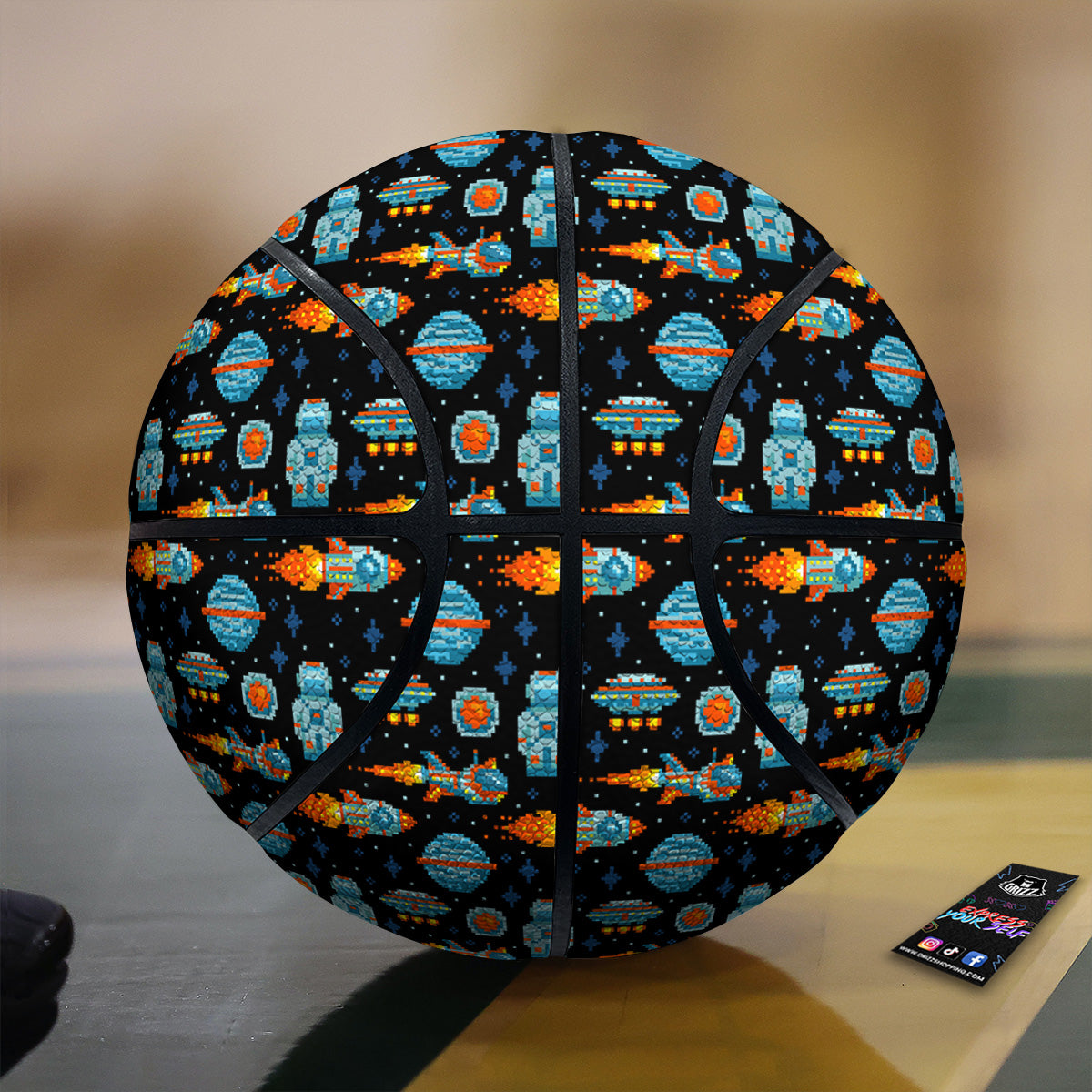 Pixel Art Space 8 Bit Print Pattern Basketball-grizzshop