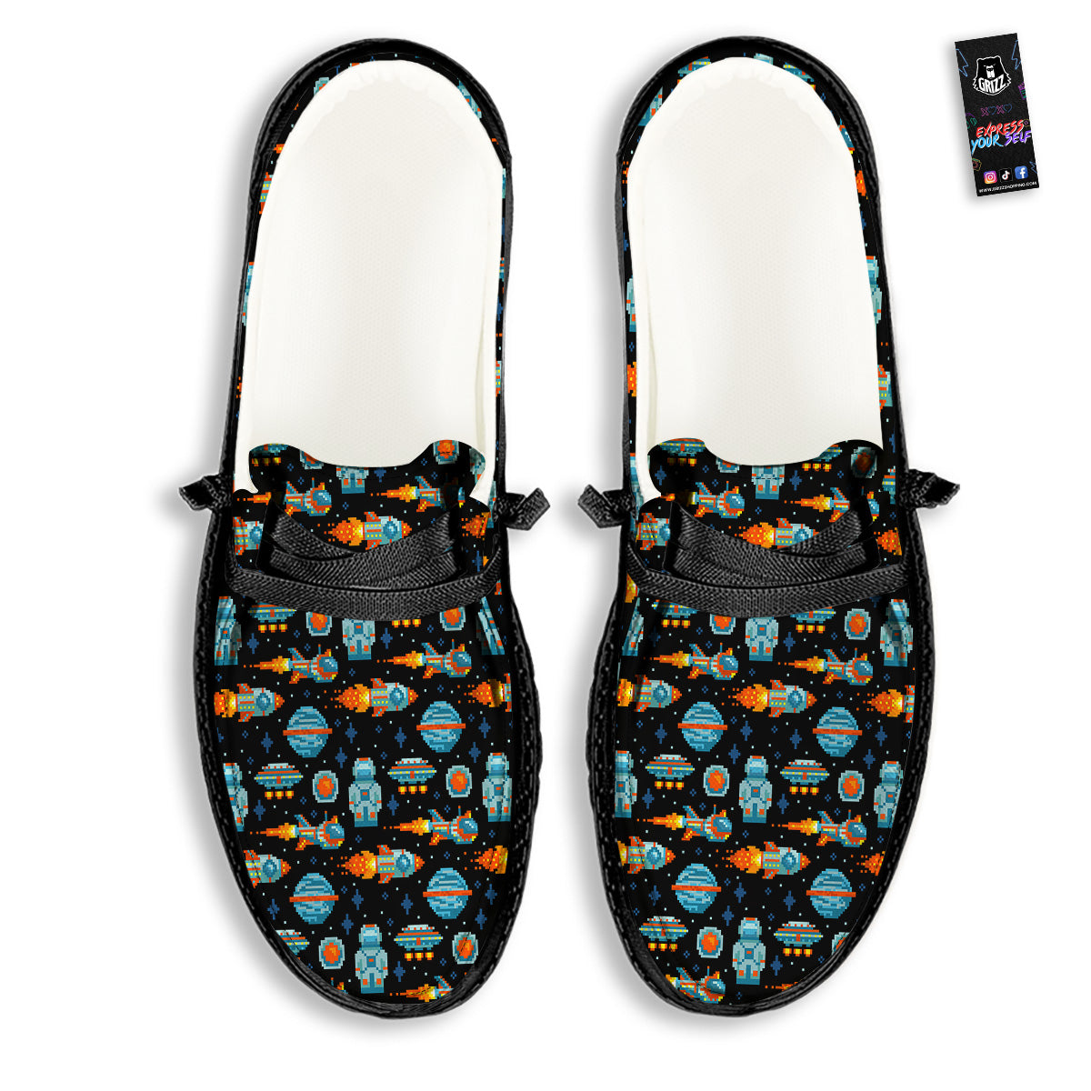 Pixel Art Space 8 Bit Print Pattern Black Loafers-grizzshop
