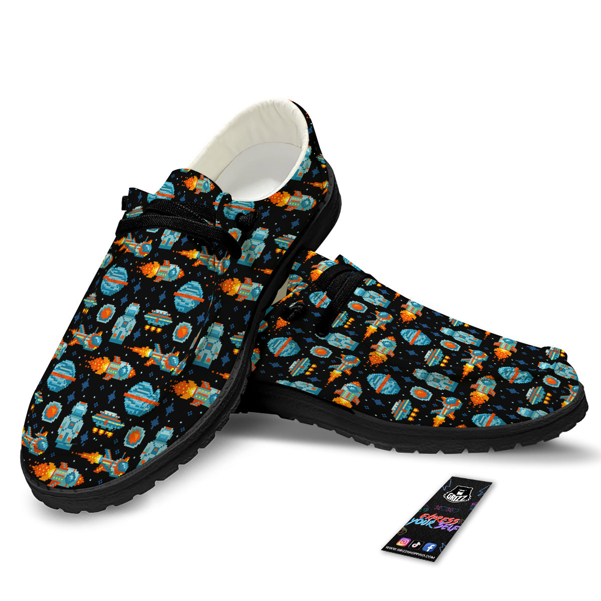 Pixel Art Space 8 Bit Print Pattern Black Loafers-grizzshop