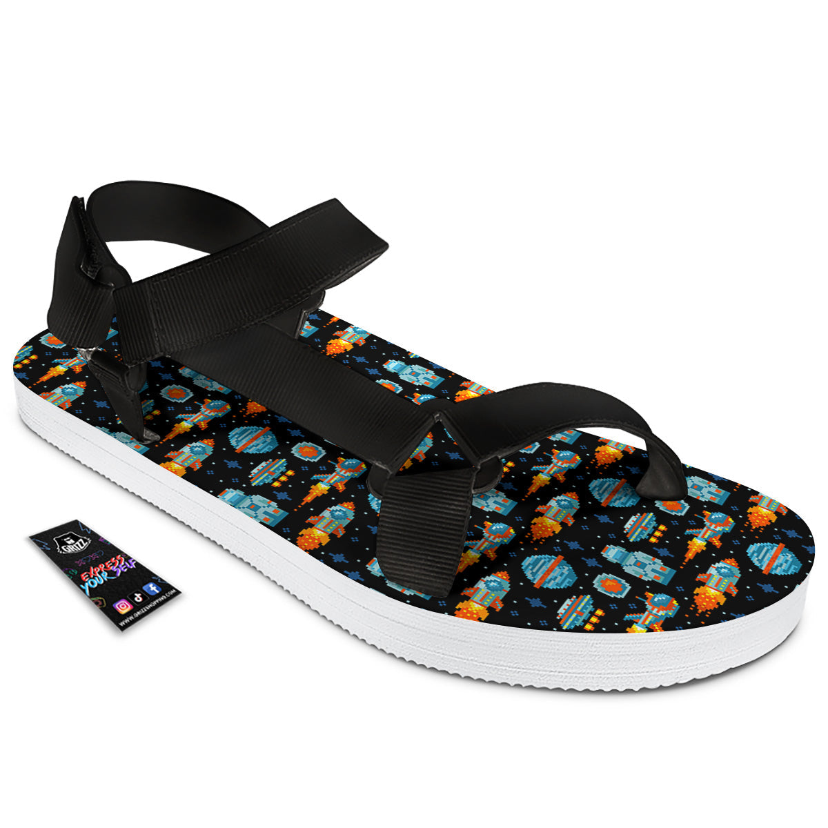 Pixel Art Space 8 Bit Print Pattern Black Open Toe Sandals-grizzshop