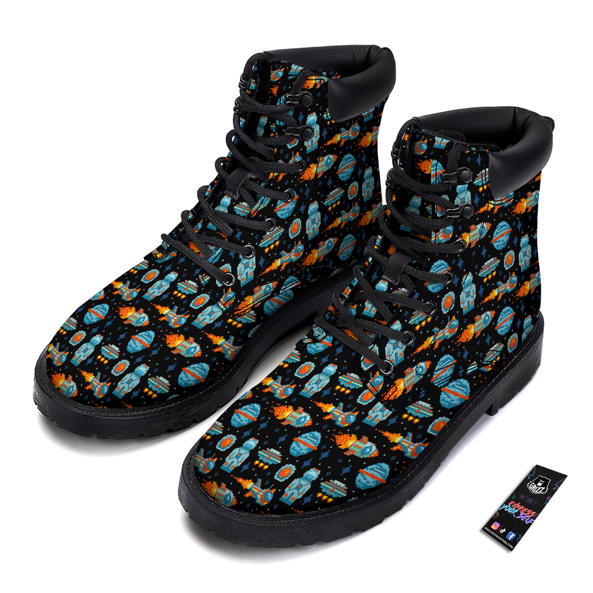 Pixel Art Space 8 Bit Print Pattern Boots-grizzshop