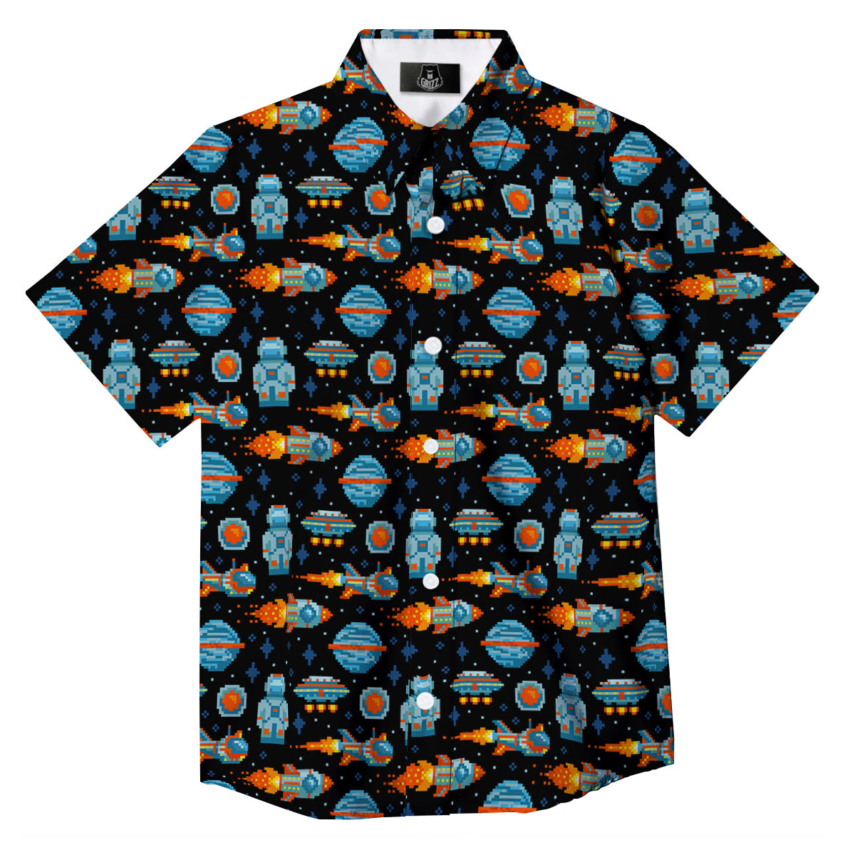 Pixel Art Space 8 Bit Print Pattern Button Up Shirt-grizzshop