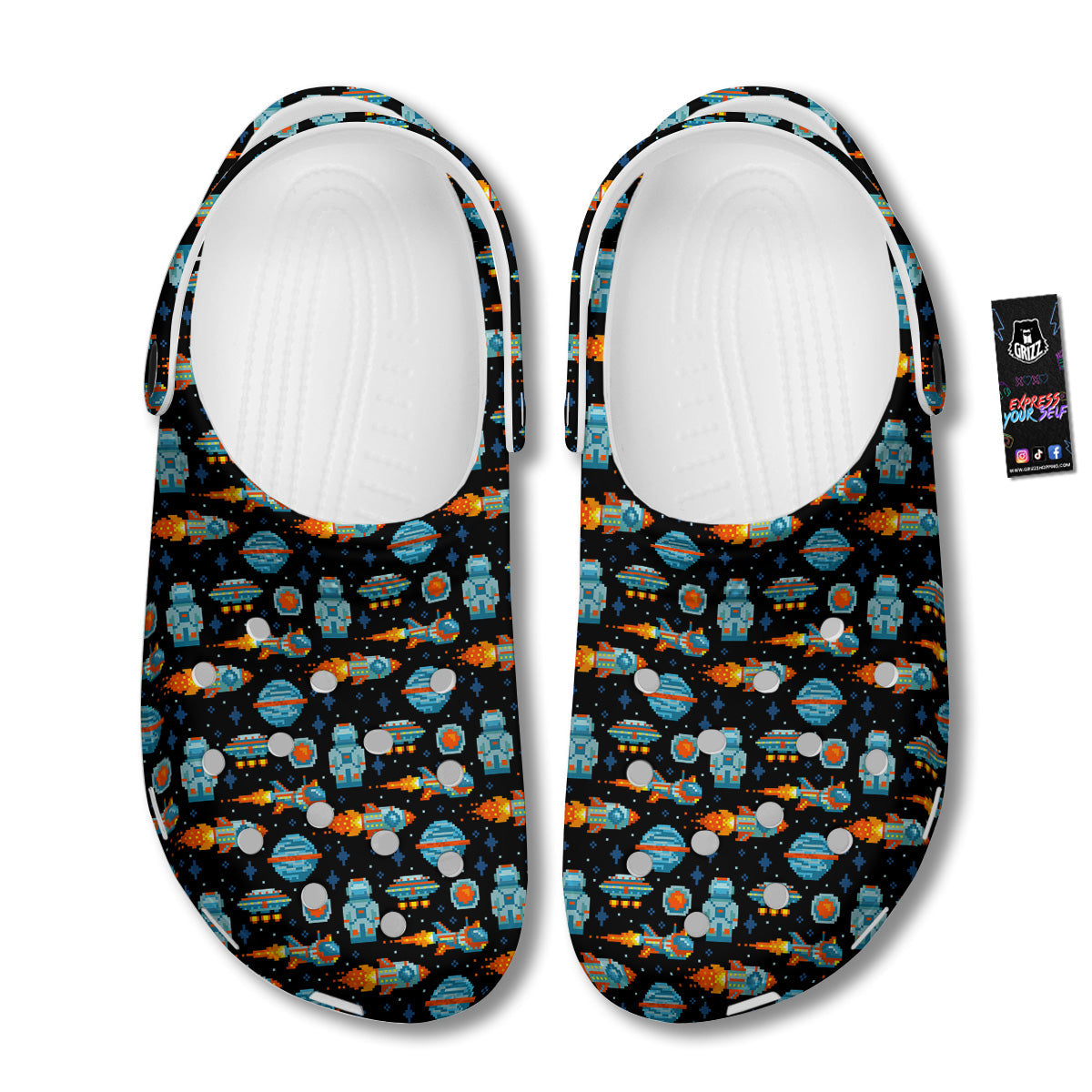 Pixel Art Space 8 Bit Print Pattern Clog-grizzshop