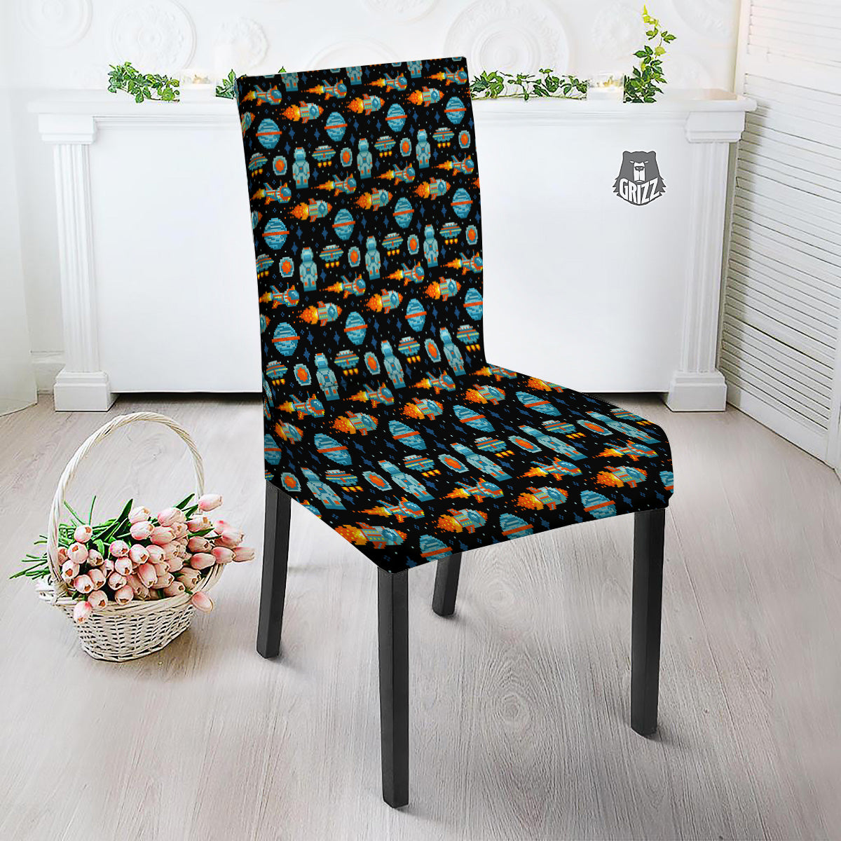 Pixel Art Space 8 Bit Print Pattern Dining Chair Slipcover-grizzshop