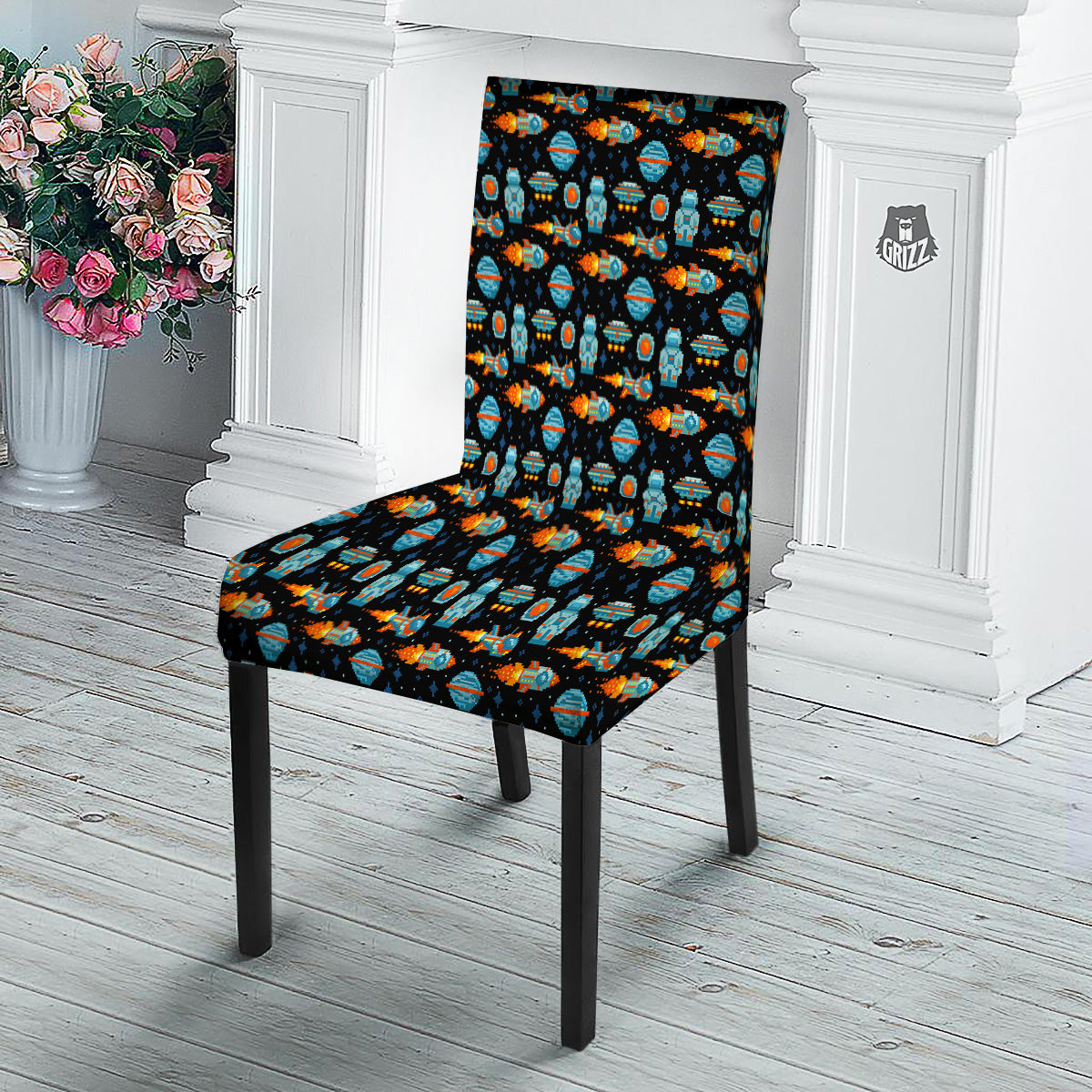 Pixel Art Space 8 Bit Print Pattern Dining Chair Slipcover-grizzshop