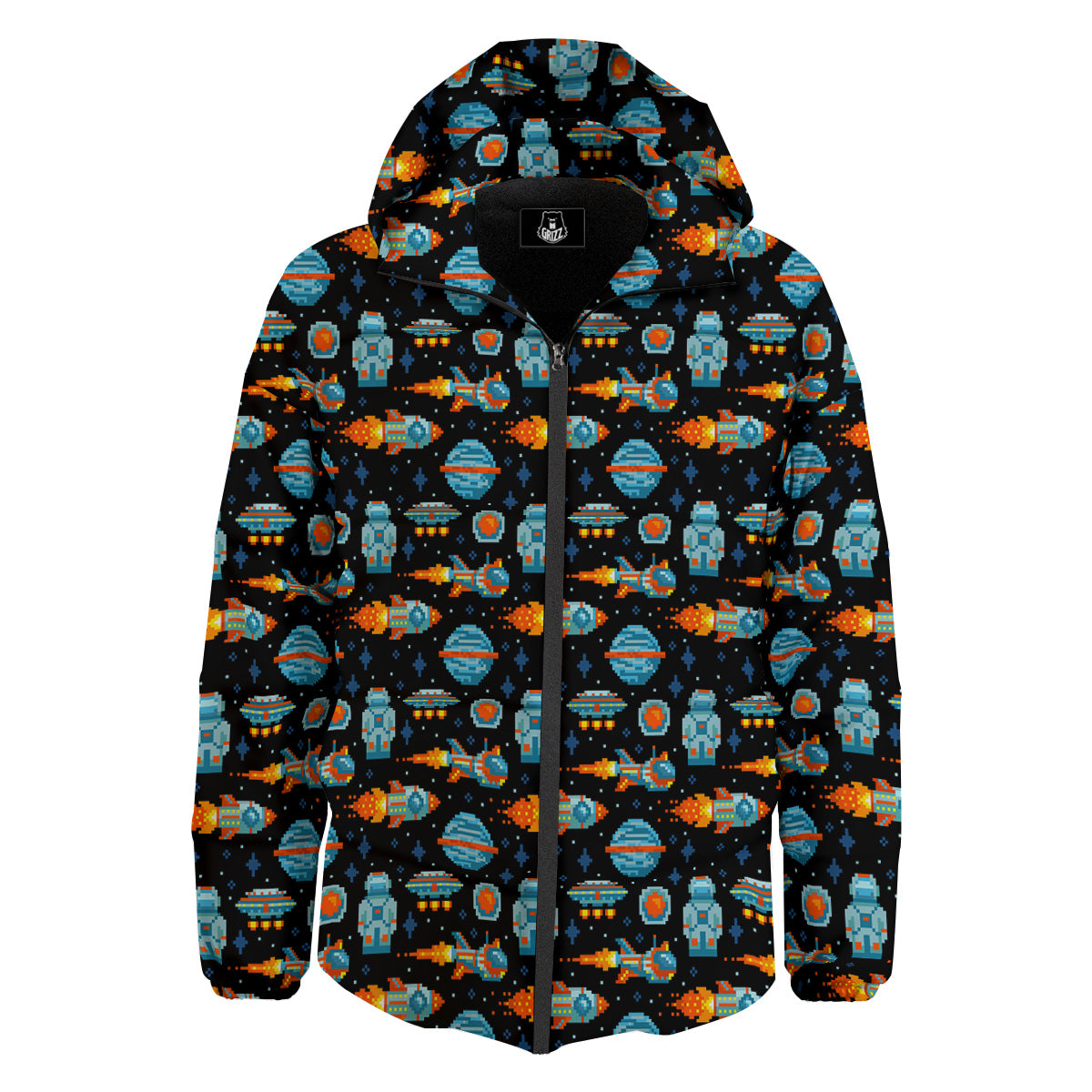 Pixel Art Space 8 Bit Print Pattern Down Jacket-grizzshop