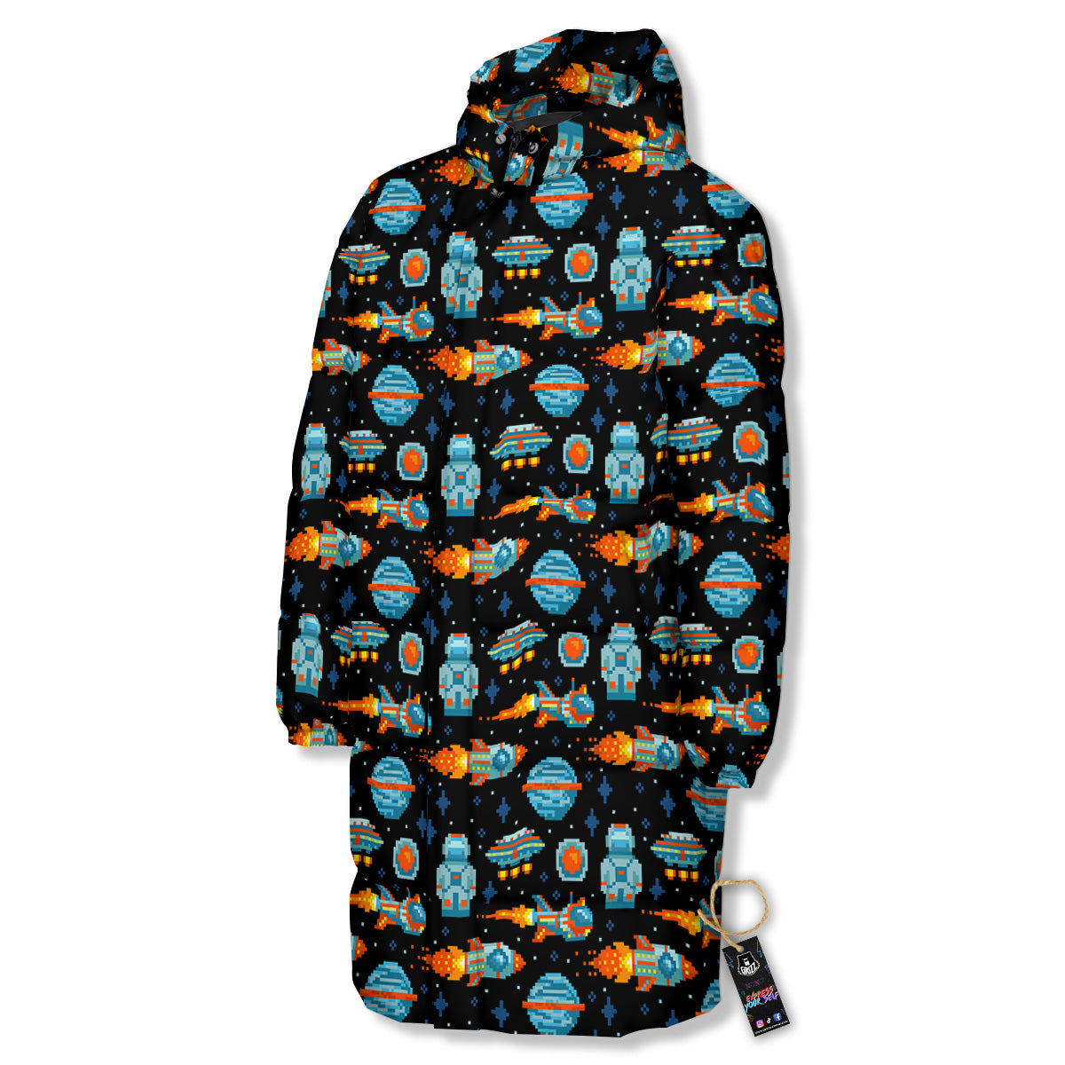 Pixel Art Space 8 Bit Print Pattern Long Down Jacket-grizzshop
