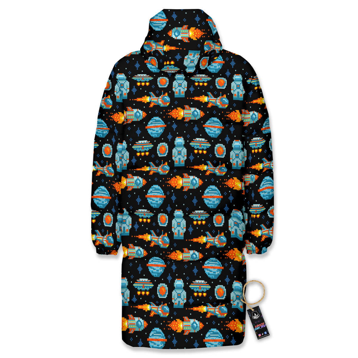 Pixel Art Space 8 Bit Print Pattern Long Down Jacket-grizzshop