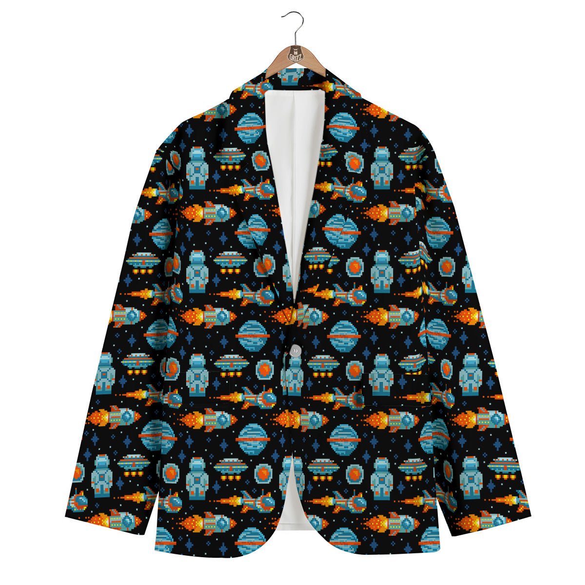 Pixel Art Space 8 Bit Print Pattern Men's Blazer-grizzshop