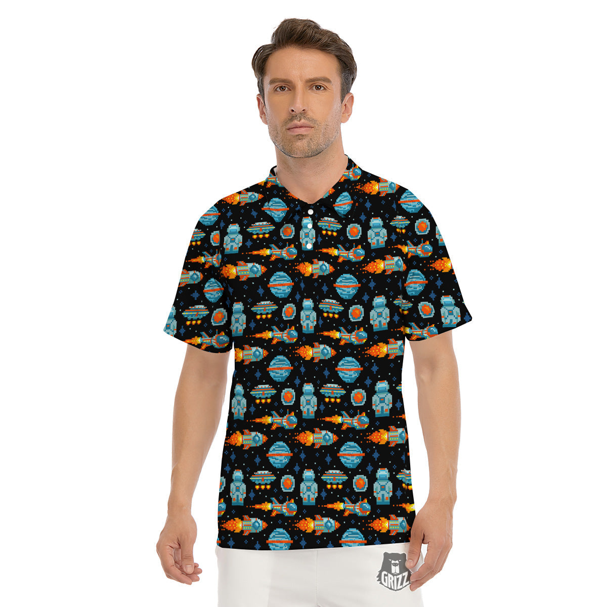 Pixel Art Space 8 Bit Print Pattern Men's Golf Shirts-grizzshop