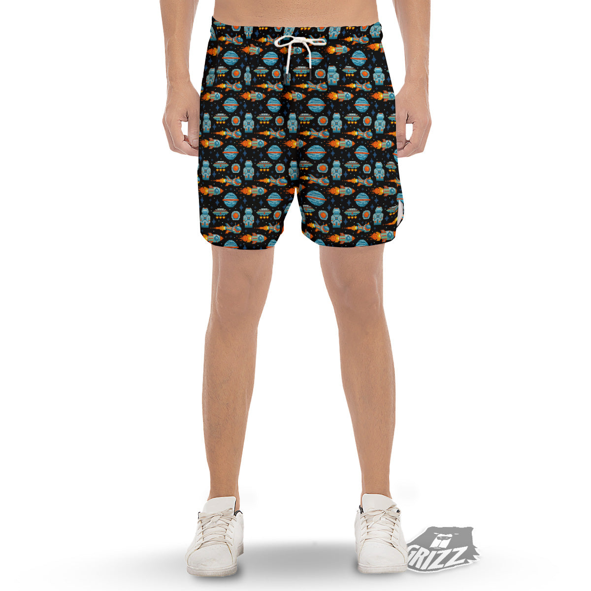 Pixel Art Space 8 Bit Print Pattern Men's Gym Shorts-grizzshop