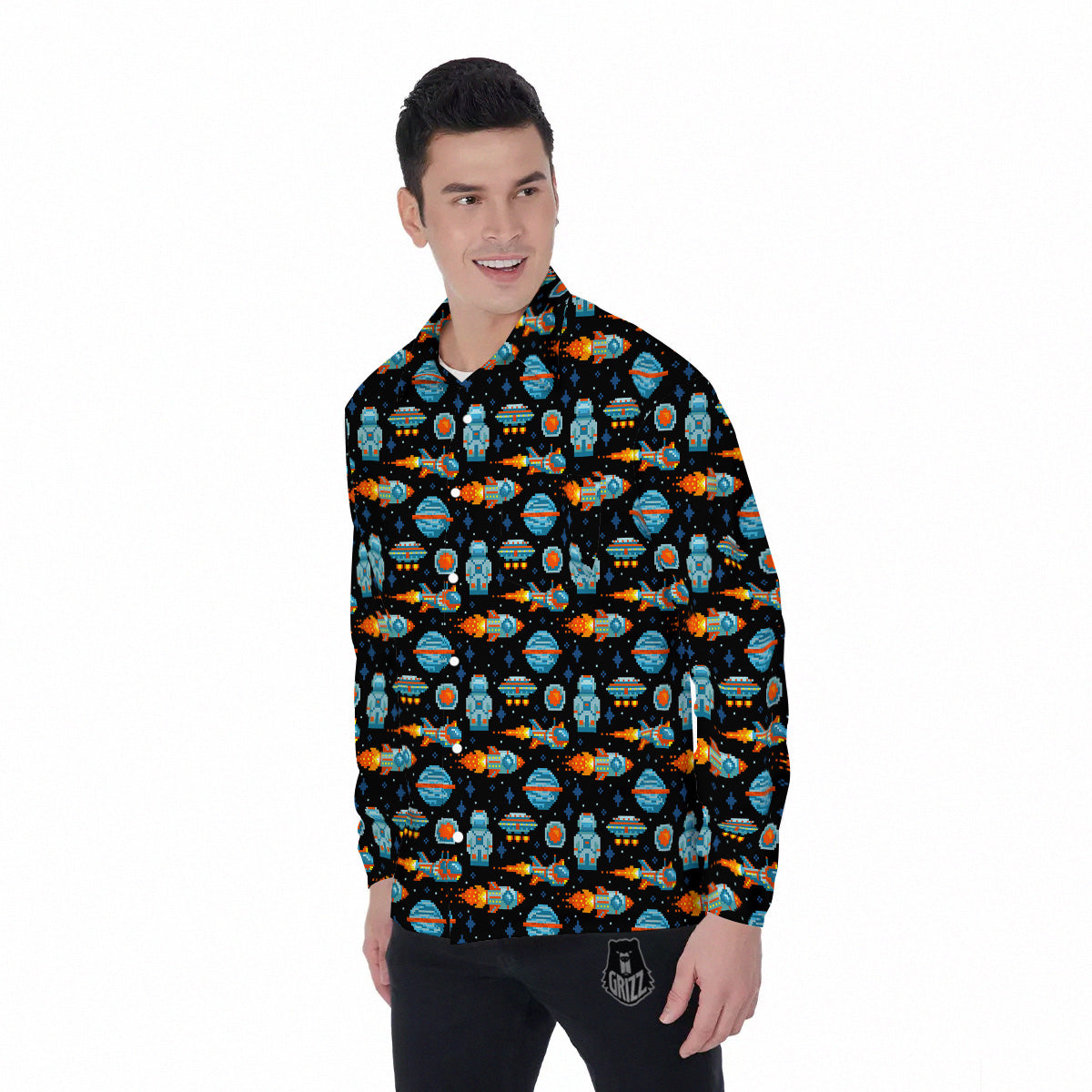 Pixel Art Space 8 Bit Print Pattern Men's Long Sleeve Shirts-grizzshop
