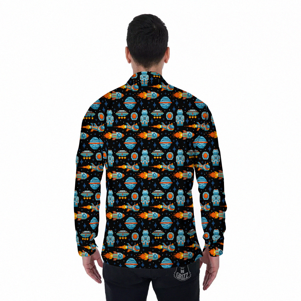 Pixel Art Space 8 Bit Print Pattern Men's Long Sleeve Shirts-grizzshop
