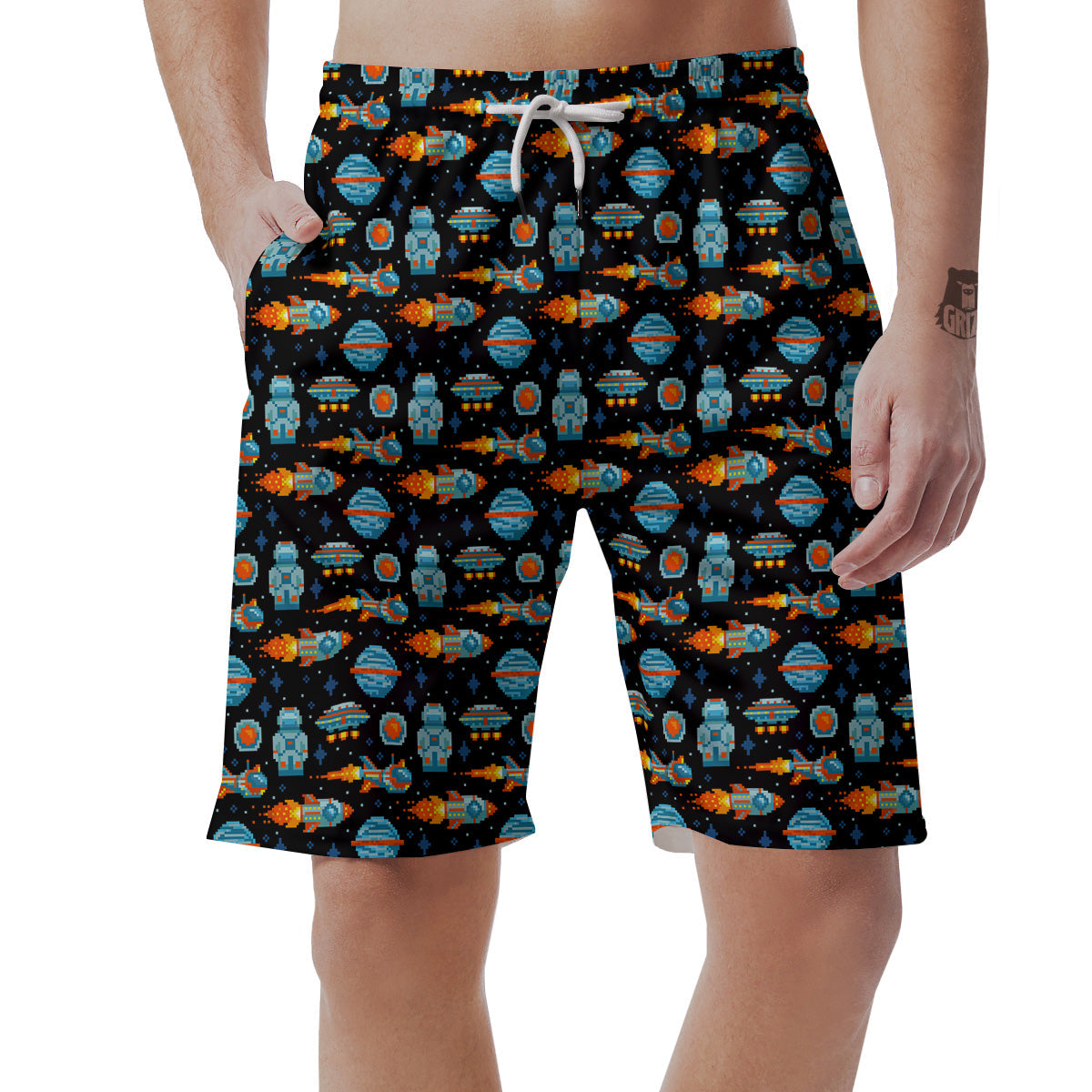 Pixel Art Space 8 Bit Print Pattern Men's Shorts-grizzshop