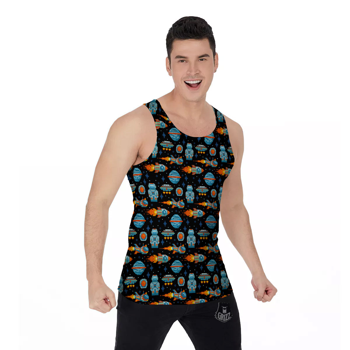 Pixel Art Space 8 Bit Print Pattern Men's Tank Top-grizzshop