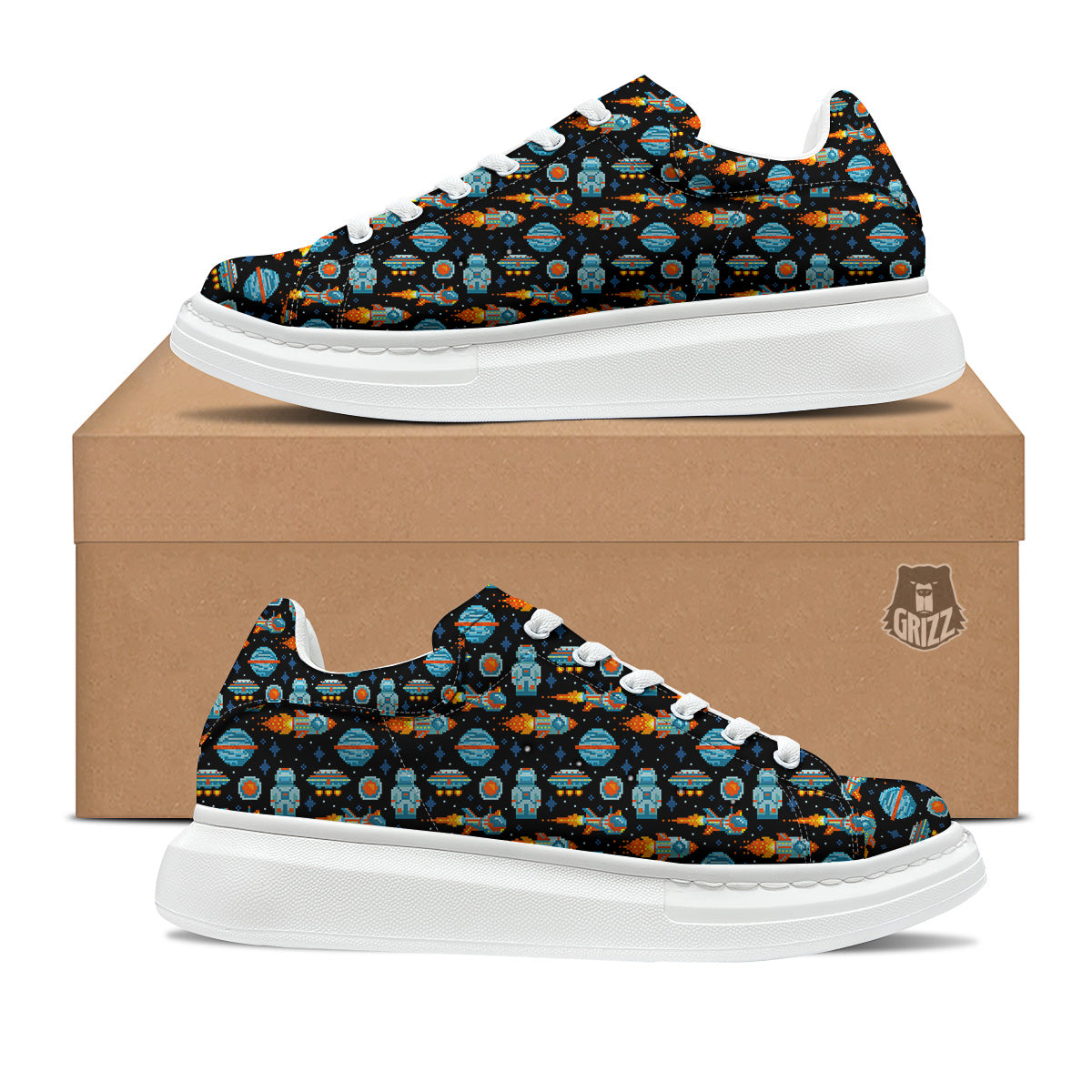 Pixel Art Space 8 Bit Print Pattern Platform Shoes-grizzshop
