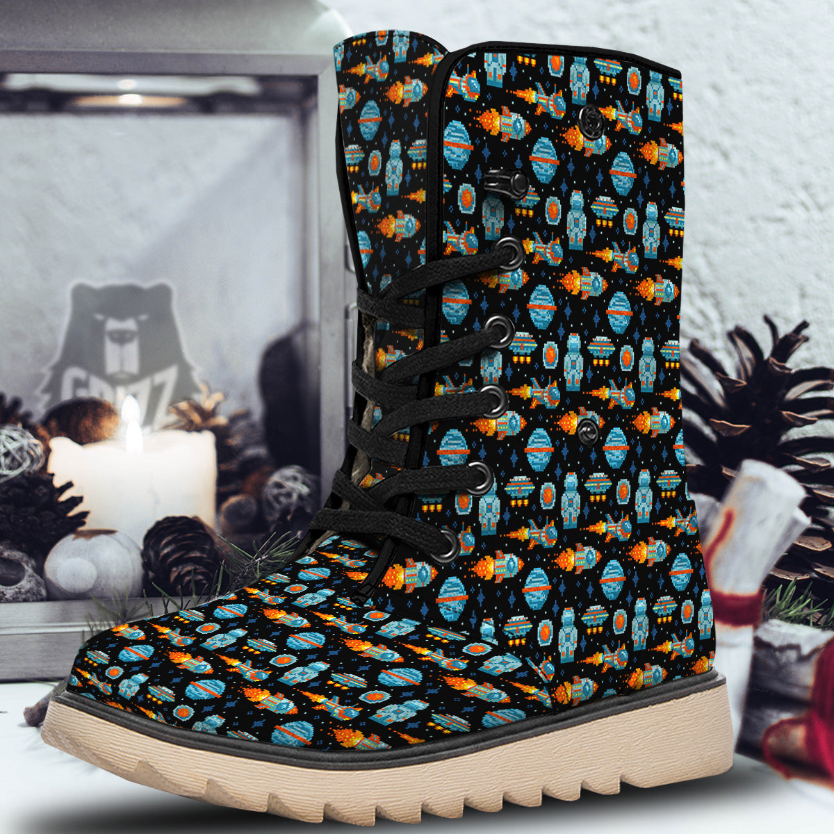 Pixel Art Space 8 Bit Print Pattern Snow Boots-grizzshop