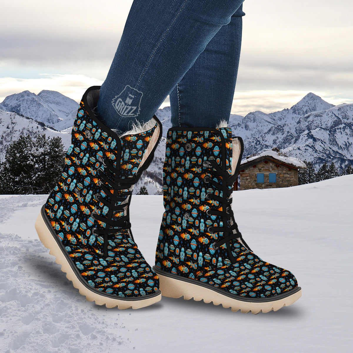 Pixel Art Space 8 Bit Print Pattern Snow Boots-grizzshop