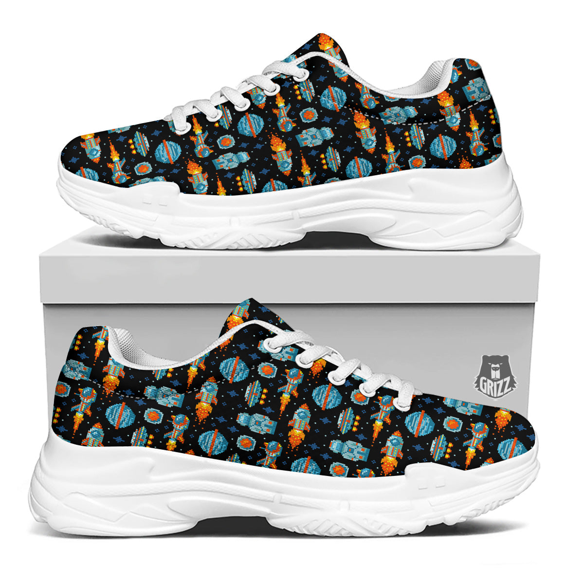 Pixel Art Space 8 Bit Print Pattern White Chunky Shoes-grizzshop