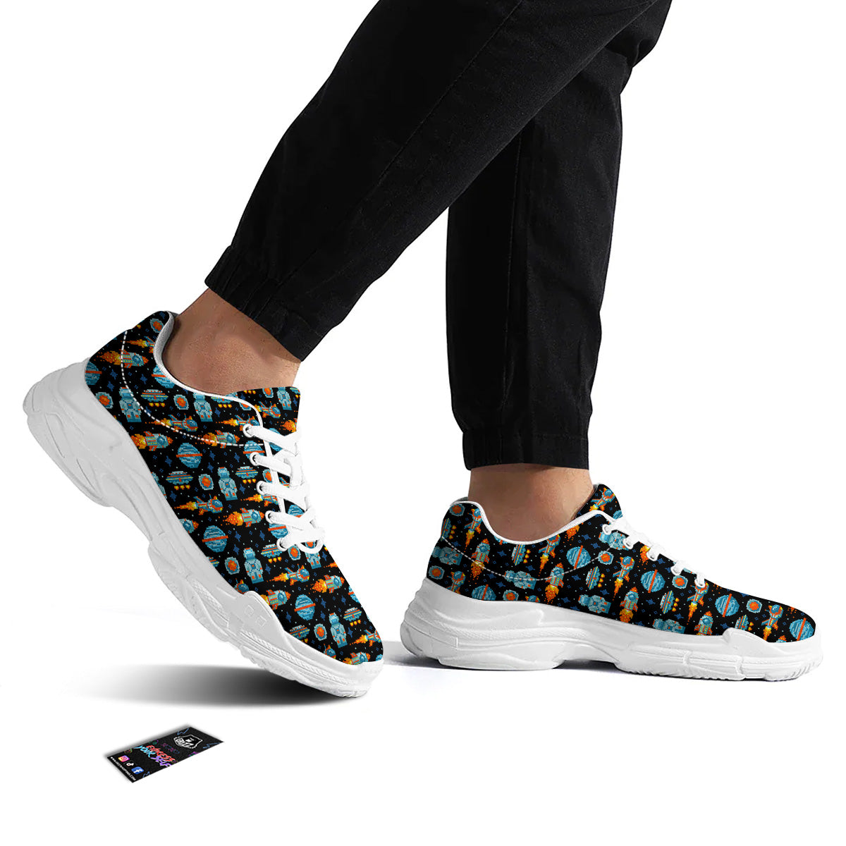 Pixel Art Space 8 Bit Print Pattern White Chunky Shoes-grizzshop