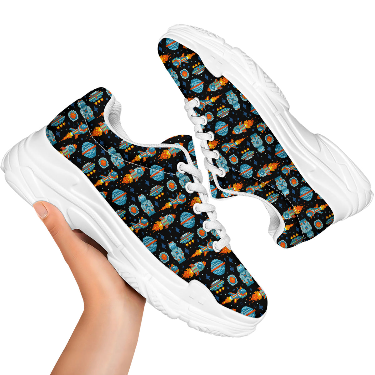 Pixel Art Space 8 Bit Print Pattern White Chunky Shoes-grizzshop