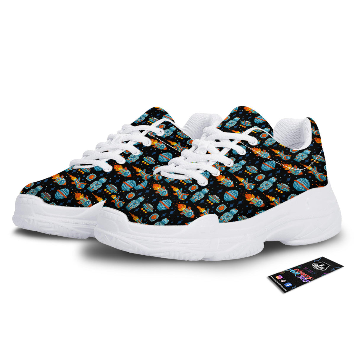 Pixel Art Space 8 Bit Print Pattern White Chunky Shoes-grizzshop
