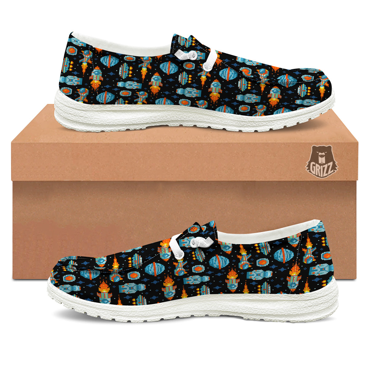 Pixel Art Space 8 Bit Print Pattern White Loafers-grizzshop