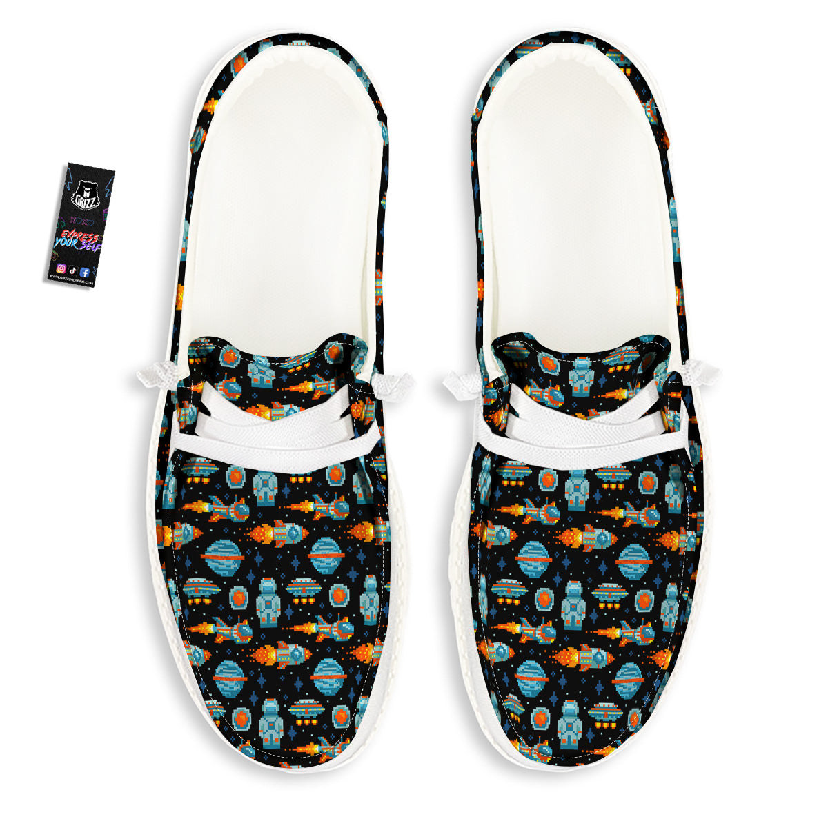 Pixel Art Space 8 Bit Print Pattern White Loafers-grizzshop