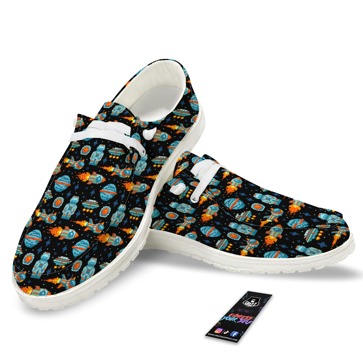 Pixel Art Space 8 Bit Print Pattern White Loafers-grizzshop