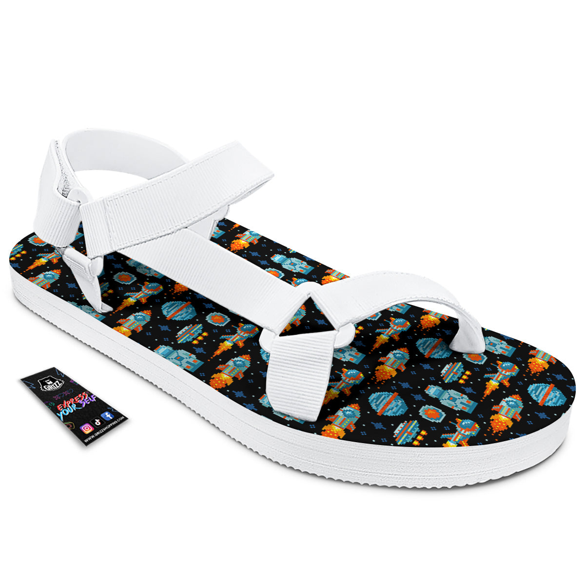 Pixel Art Space 8 Bit Print Pattern White Open Toe Sandals-grizzshop