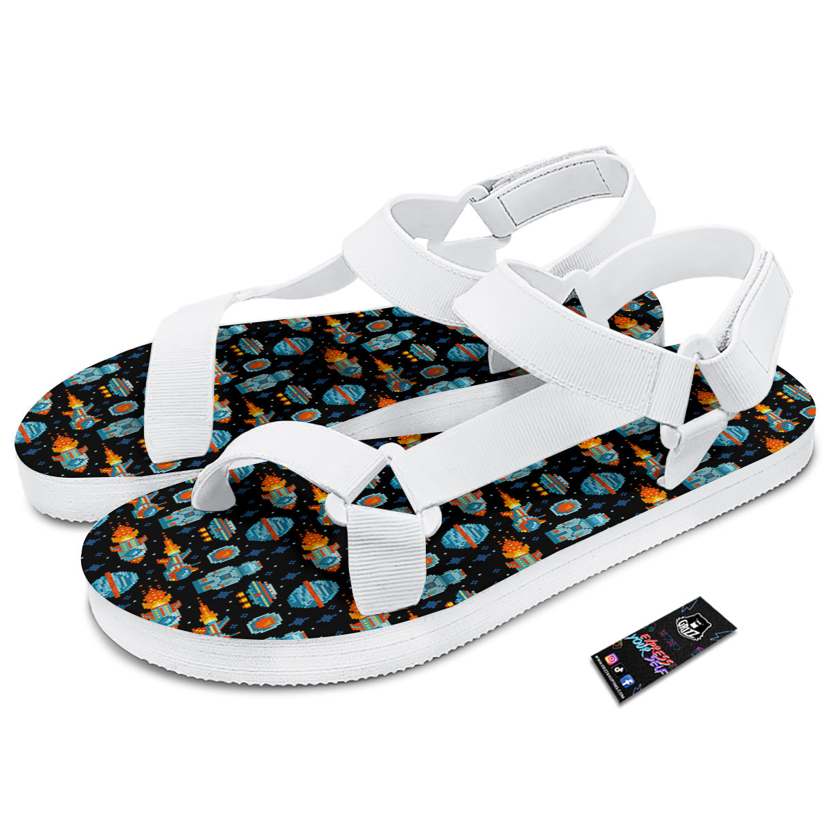 Pixel Art Space 8 Bit Print Pattern White Open Toe Sandals-grizzshop