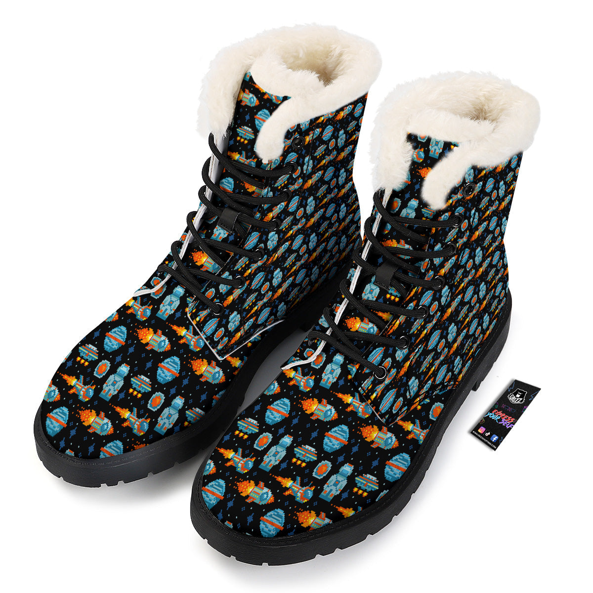 Pixel Art Space 8 Bit Print Pattern Winter Boots-grizzshop