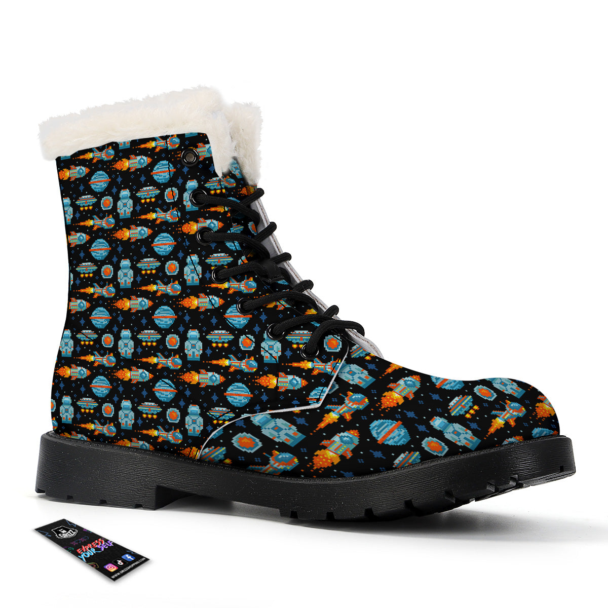 Pixel Art Space 8 Bit Print Pattern Winter Boots-grizzshop