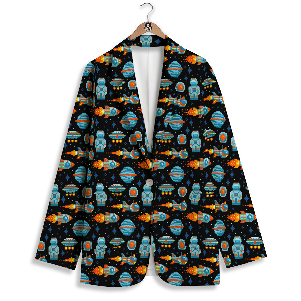 Pixel Art Space 8 Bit Print Pattern Women's Blazer-grizzshop