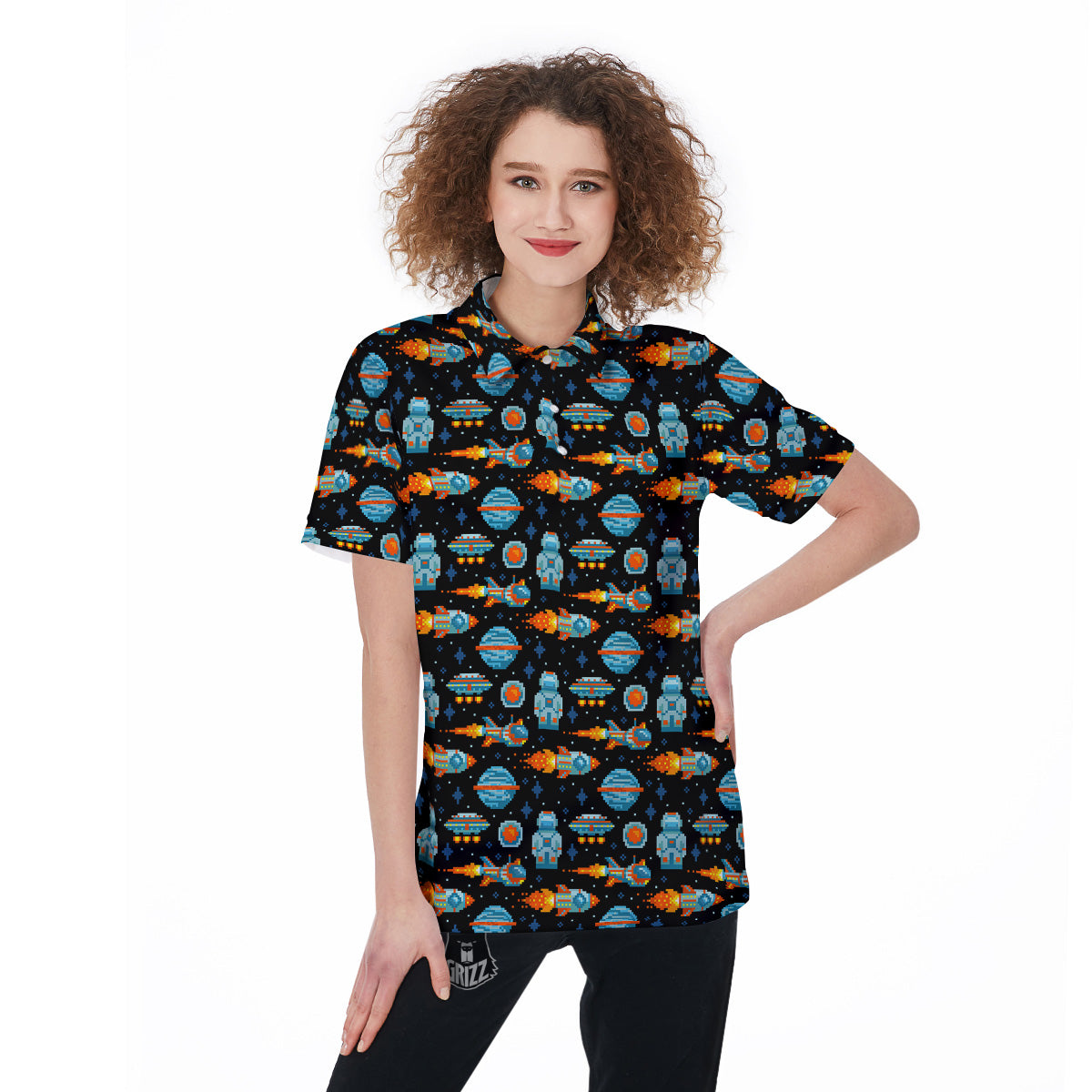Pixel Art Space 8 Bit Print Pattern Women's Golf Shirts-grizzshop