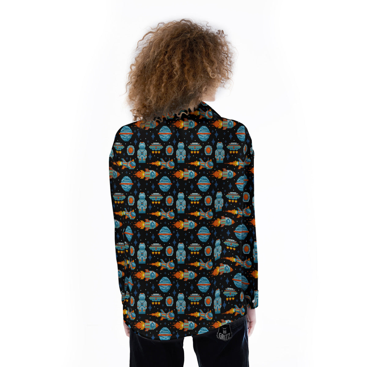 Pixel Art Space 8 Bit Print Pattern Women's Long Sleeve Shirts-grizzshop