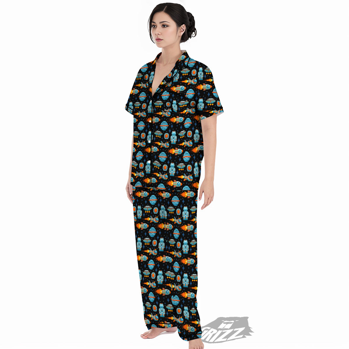 Pixel Art Space 8 Bit Print Pattern Women's Pajamas Set-grizzshop