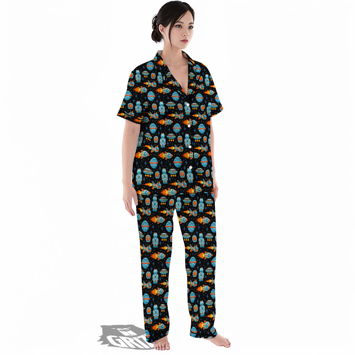 Pixel Art Space 8 Bit Print Pattern Women's Pajamas Set-grizzshop
