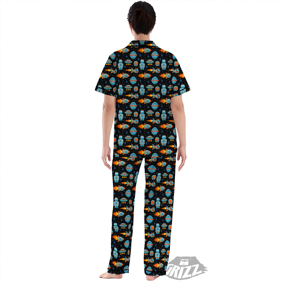 Pixel Art Space 8 Bit Print Pattern Women's Pajamas Set-grizzshop