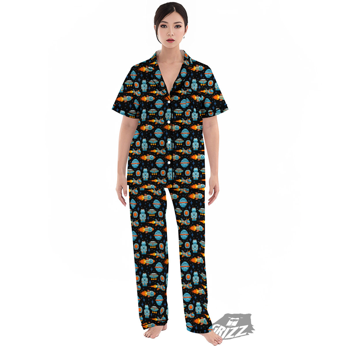 Pixel Art Space 8 Bit Print Pattern Women's Pajamas Set-grizzshop