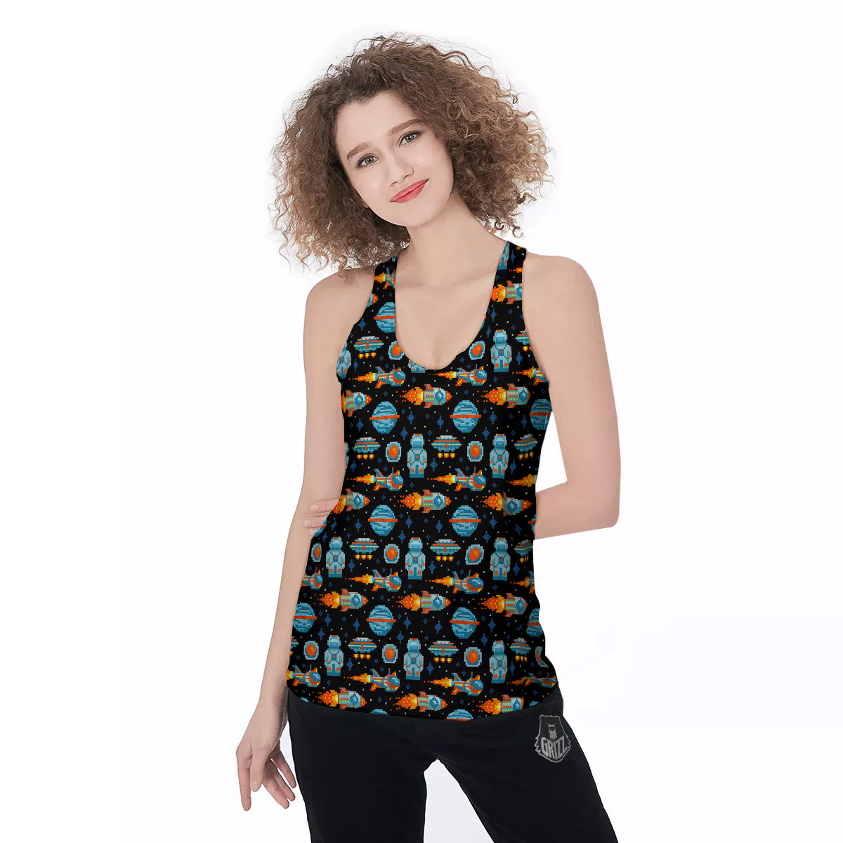 Pixel Art Space 8 Bit Print Pattern Women's Racerback Tank Top-grizzshop